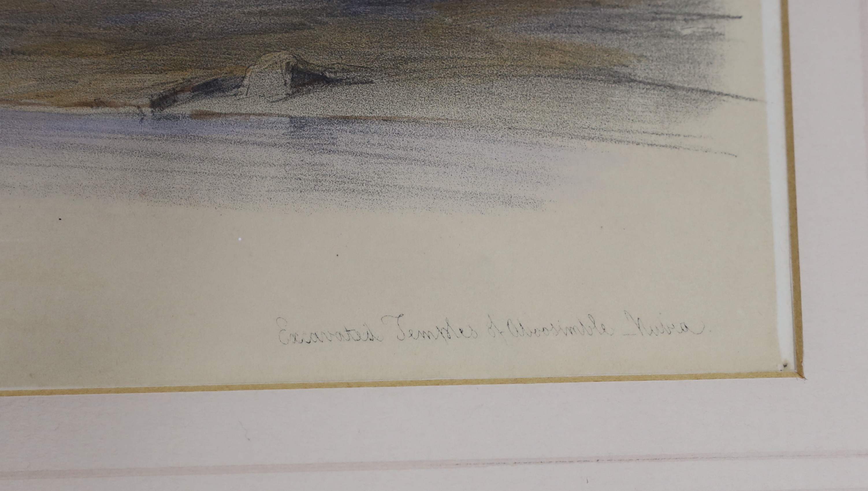 David Roberts (Scottish, 1796-1864), colour lithograph, 'Excavated temples of Abu Simbel', 26 x 36cm
